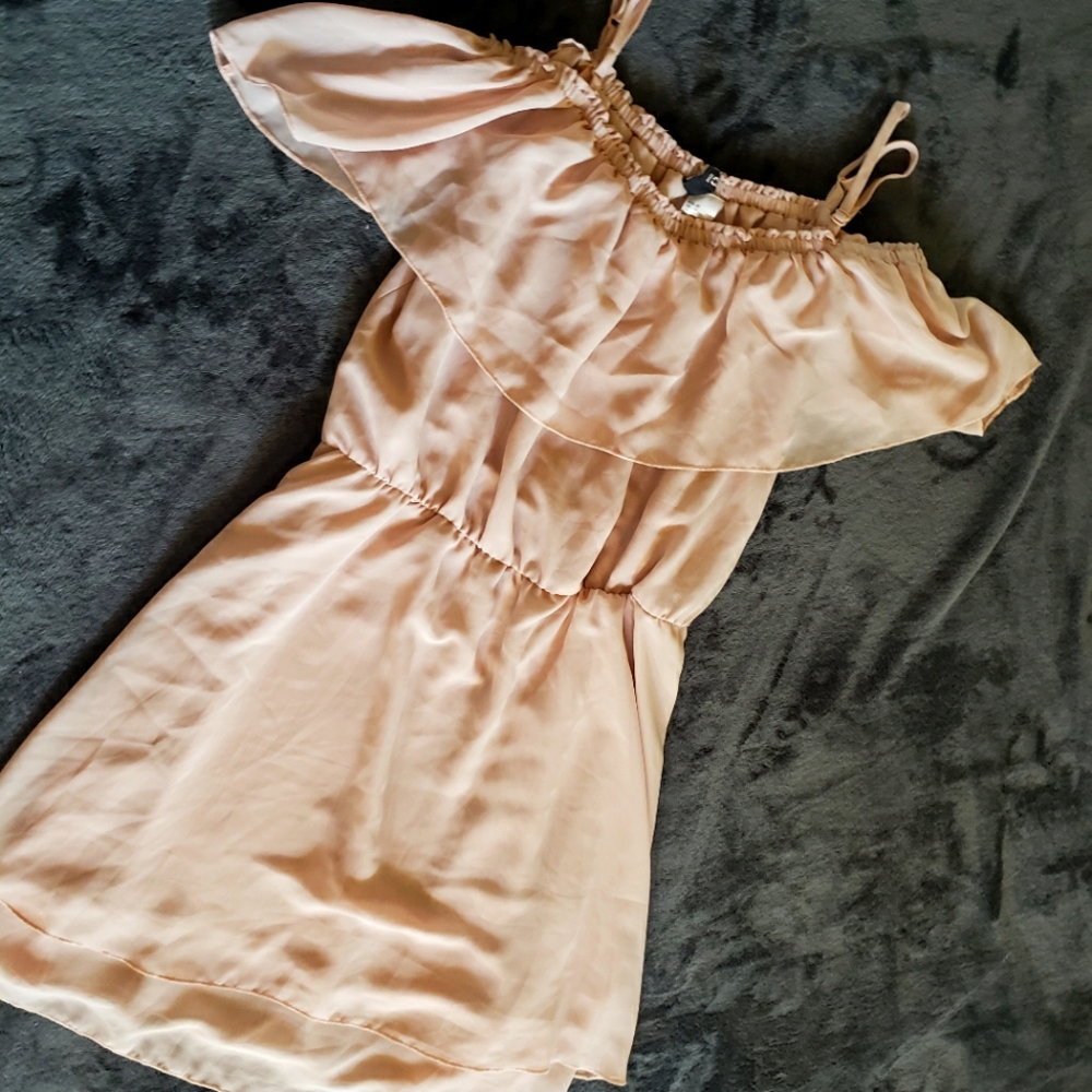 Taupe/Blush Sheer Cold Shoulder Dress